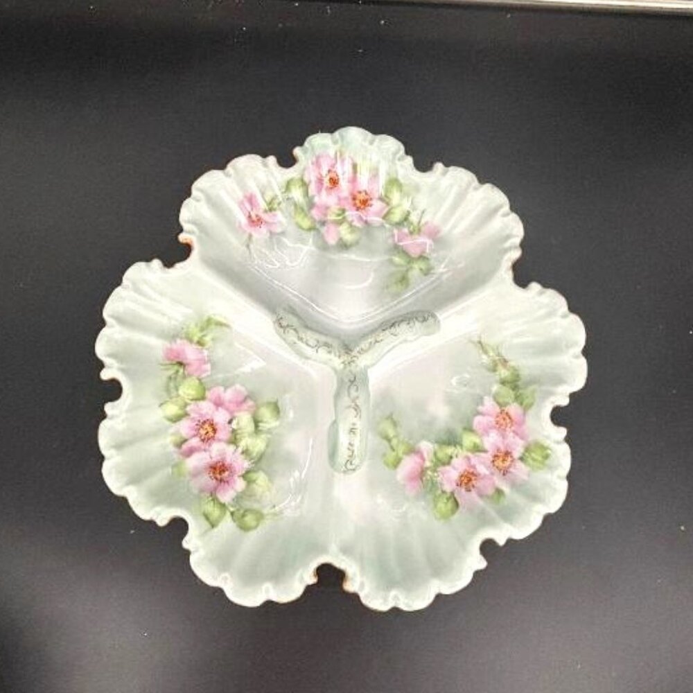 Vintage Art Nouveau Green Pink Floral Porcelain Divided Serving Dish Candy Nuts - Picture 1 of 6